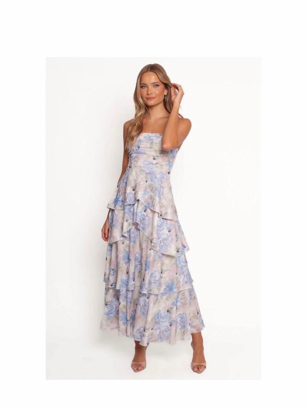 NWT Petal & Pup Strapless Tiered Floral Maxi Dress in Lavender Blue